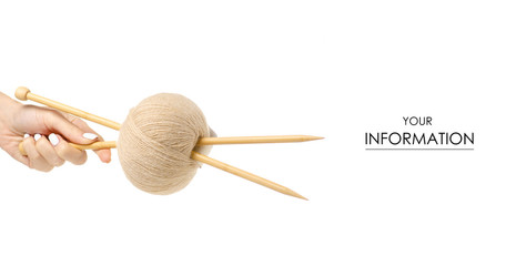 Knitting yarn needles in hand pattern isolated on white background
