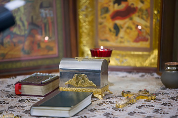 Church accessories with a cross on the background of icons