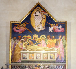 Fototapeta na wymiar Deposition and Resurrection of Jesus by Niccolo di Pietro Gerini, Altar Painting in Saint Charles (San Carlo dei Lombardi) Church Florence Italy