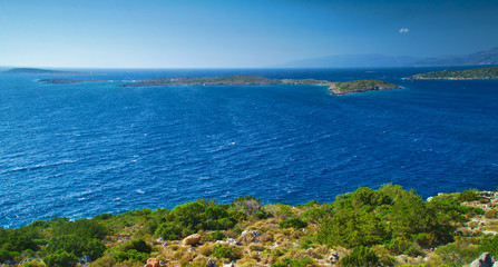 View from above to Aegean sea and small islands near Southern Chios, Greece.