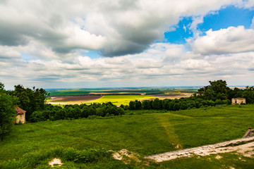 Landscape view of the field to the horizon with blue sky and clouds in the summer