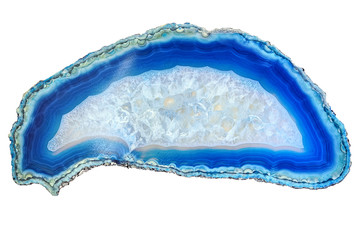 Amazing white blue Agate Crystal cross section isolated on white background. Natural translucent agate crystal surface, Blue abstract structure slice mineral stone macro closeup
