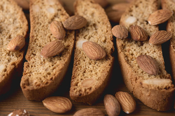 Tasty Traditional Italian Sweets Biscotti or Cantucci on Wooden Background Italian Biscotti for Coffee or Wine Italian Snack Close up