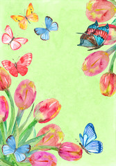invitation card with lovely tulips and butterflies on shabby olden paper for your design. watercolor painting