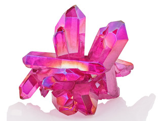 Amazing colorful Quartz Pink Titanium aura crystal cluster on white background, Angel aura mineral