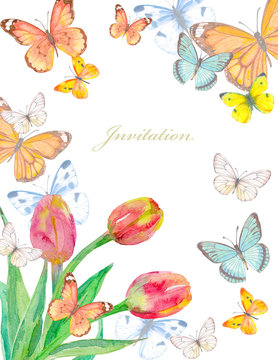 floral invitation card with lovely tulips and flying butterflies. watercolor painting