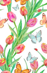 colorful seamless texture with tulips and butterflies. watercolor painting