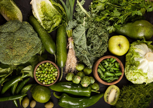 Green health food, fruits and vegetables closeup.