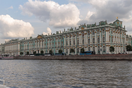 View of the Hermitage from the pleasure craft. Hermitage - the Russian imperial residence in St. Petersburg, used as a museum and art gallery.