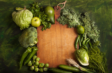 Green health food, fruits and vegetables. Top view with copy space.