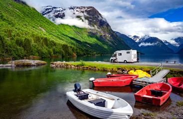 Family vacation travel RV, holiday trip in motorhome