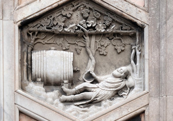 Fototapeta na wymiar Noah by Collaborator of Andrea Pisano, 1334-36., Relief on Giotto Campanile of Cattedrale di Santa Maria del Fiore (Cathedral of Saint Mary of the Flower), Florence, Italy