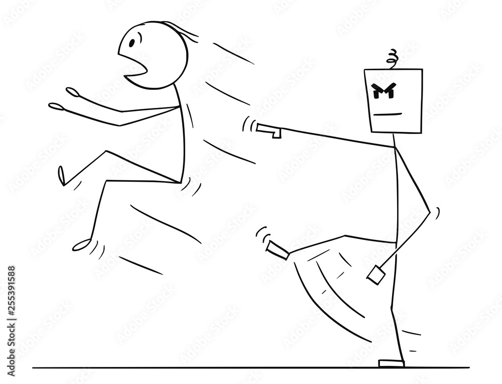 Poster Cartoon stick figure drawing conceptual illustration of man kicked out or replaced by artificial intelligence humanoid robot. Metaphor of AI replacing human.