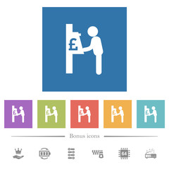 Pound cash machine flat white icons in square backgrounds