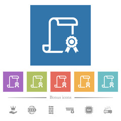 Scroll with certificate on right flat white icons in square backgrounds