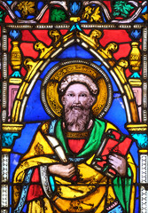 Catholic Saint, stained glass window in the Basilica di Santa Croce (Basilica of the Holy Cross) in Florence, Italy