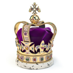 Golden crown with jewels isolated on white. English royal symbol of UK monarchy.
