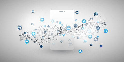 Internet of Things, Cloud Computing Design Concept with Smartphone and Icons - Digital Network Connections, Technology Background 