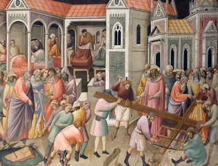 The Isrealites pulling up the wood from the pool where it was found to make the True Cross, fresco by Agnolo Gaddi in Basilica di Santa Croce - famous Franciscan church in Florence, Italy