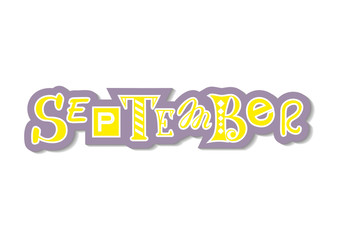 decorative colorful lettering of September with different letters in yellow with purple outline and shadow on white