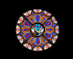 Stigmata of Jesus and Saint Francis, symbol of the Franciscans, stained glass window in the Basilica di Santa Croce (Basilica of the Holy Cross) - famous Franciscan church in Florence, Italy