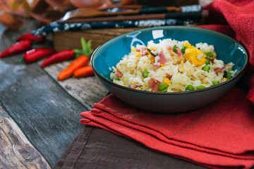 Cantonese fried basmati rice with ham and eggs