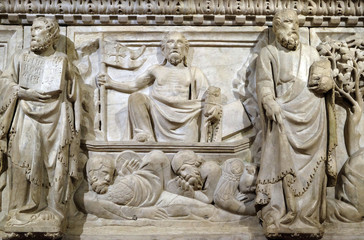 Resurrection, detail of the funerary monument to Gastone della Torre, by Tino di Camaino, Basilica di Santa Croce (Basilica of the Holy Cross) in Florence, Italy