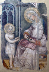 Madonna sewing and the Child playing, fresco by Giovanni di Taneo Fei, Basilica di Santa Croce (Basilica of the Holy Cross) in Florence, Italy