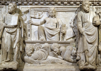 Resurrection, detail of the funerary monument to Gastone della Torre, by Tino di Camaino, Basilica di Santa Croce (Basilica of the Holy Cross) in Florence, Italy