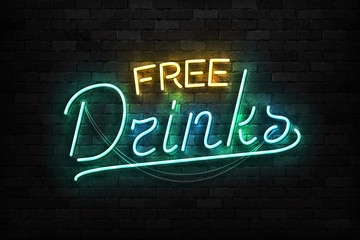 Vector realistic isolated neon sign of Free Drinks typography logo for template decoration and covering on the wall background. Concept of Happy Hour.