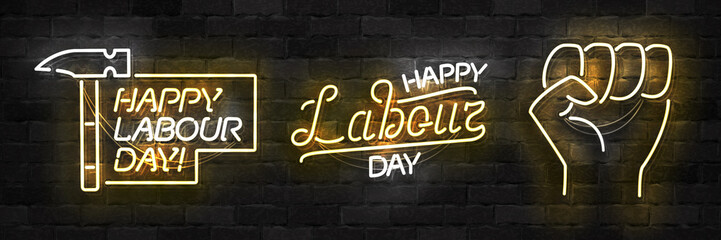 Vector set of realistic isolated neon sign of Happy Labour Day logo for template decoration and layout covering on the wall background.