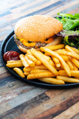 Cheese burger - American cheese burger with Golden French fries