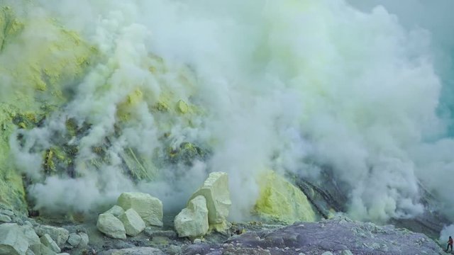 Kawah Ijien, the creator of vocano mountain in Indonesia. Sunrise with beautiful sky, blue lake and sulfur burn by lava at Kawa Ijien Creator Volcano., Lockdown.