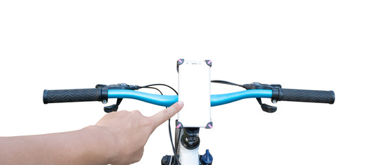 The male hand that touches on the smartphone screen mount on handlebar of mountain bike, isolated on white background.