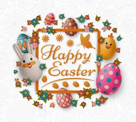 Cute Easter background with white bunny, chicken, eggs and flowers. Vector illustration.