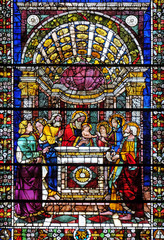 Presentation of Jesus in the Temple, stained glass window in Santa Maria Novella Principal Dominican church in Florence, Italy