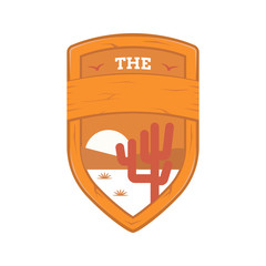 Desert landscape illustration wooden shield emblem badge template