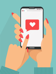 Sending love message concept. 2 female Hands holding phone with heart, send button on screen.Finger touch screen. Vector flat cartoon illustration for ad, web sites,banners, infographics design