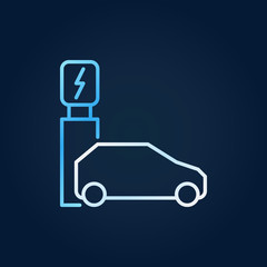 Electric car near charging station vector colored linear icon or symbol on dark background