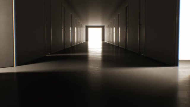Moving Through the Dark Corridor with Many Opening and Closing Doors to the Bright White Exit. Business and Technology Concept. 4k Ultra HD 3840x2160