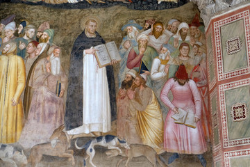 Saints Peter the Martyr and Thomas Aquinas Refute the Heretics, fresco by Andrea Di Bonaiuto, Spanish Chapel in Santa Maria Novella Principal in Florence, Italy