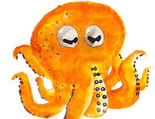 Watercolor painting of octopus or tako in japanese with orange skin isolated on white background drawn by hand, animal art illustration