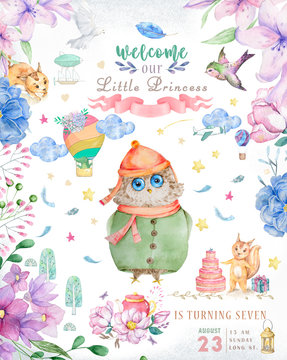 Watercolor cute Cartoon Owl. Cute baby greeting card. Boho flowers and floral bouquets Happy Birthday set. Watercolor greeting baby clip art on white background.