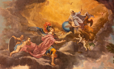 PALMA DE MALLORCA, SPAIN - JANUARY 27, 2019: The painting of God the Creator and St. Michael...