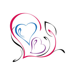 three colorful hearts with a leaf on a white background