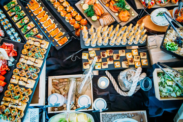 Top View of the Breakfast Buffet Concept, Breakfast Time in Luxury Hotel, Brunch with Family in Restaurant - Image