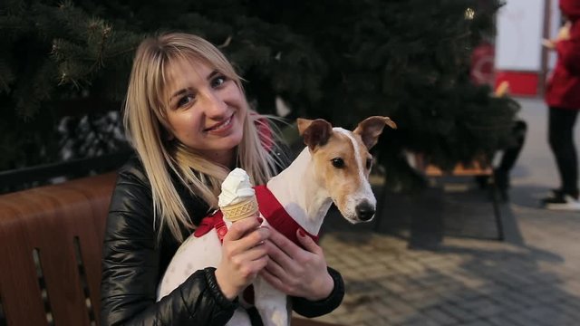 Slow-Motion. Cheerful girl with icecream sitting with her dog on the bench and posing. woman is caressing a dog