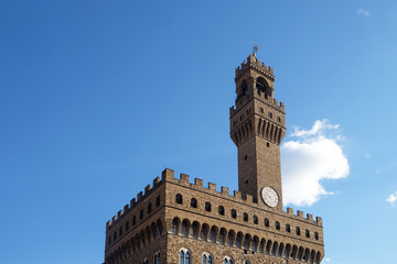 Fototapeta na wymiar The Palazzo Vecchio (Old Palace) a Massive Romanesque Fortress Palace, is the Town Hall of Florence, Italy