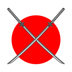 Vintage katana sword isolated on white background. Traditional japanese weapon. Japan flag. Vector flat design