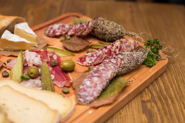 Cheese and sausages as an appetizer